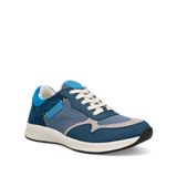 Blue sneaker with white laces on a white background