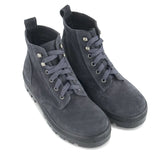 A pair of dark gray suede lace-up ankle boots with silver metal eyelets and pull tabs, shown on a plain white background.