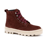 A single high-top lace-up boot in dark burgundy suede with matching burgundy laces and silver metal eyelets, featuring a thick cream-colored lug sole, shown against a plain white background.