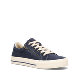 Navy blue sneaker with white laces on a white background