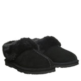 Pair of black slippers with fur trim on a white background