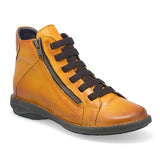 A single women's mid-calf ankle boot in textured tan leather, featuring black laces, a black side zipper, and a black sole, shown on a white background.