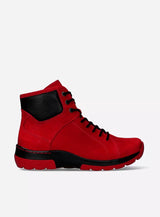 Red boot with black accents on a white background