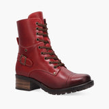 Red leather boot with brown laces on a white background