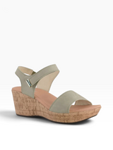 Strada Naot Summer wedge sandal in sage green leather with an adjustable ankle strap and cork-textured platform sole.