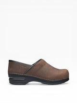 Sanita Original 450206W women's pebbled oiled professional clog in antique brown, showing the textured leather upper and sturdy sole.