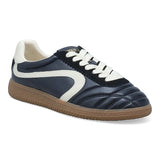 A low-top sneaker in black leather with a contrasting white side stripe, white laces, a white collar, and a brown gum sole, shown on a plain white background.