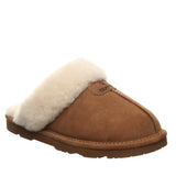 A single brown suede slipper with a thick cream-colored shearling lining, shown from a three-quarters angle on a plain white background.