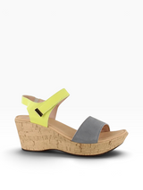 Strada Naot Summer wedge sandal with grey and neon yellow leather straps, cork-effect platform, and ankle strap.