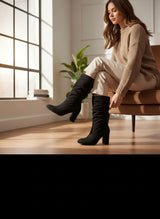 Strada black suede slouch boots with a wrapped heel and inside zip closure. Elegant and sophisticated.