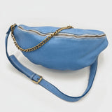 Bolsa Nova blue leather medium sling bag with adjustable strap and antique bronze chain detail.