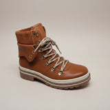 Strada Cynthia waterproof brown leather laced up ankle boot with fold-over collar and cushioned ankle.