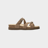 Strada Mephisto Hannel tan suede leather sandals with adjustable buckle straps and cork footbed.