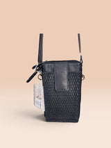 Strada Milo Ella II 500 convertible wallet handbag in dark blue washed leather with micro-weave and external iPhone pouch.