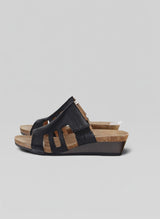 Strada Naot Carriage black leather wedge slide sandal with side cutouts and supportive cork latex footbed