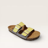 Strada Naot Santa Barbara yellow and grey leather slide sandals with adjustable buckles and cork footbed.