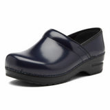 Strada women's navy blue cabrio leather professional clogs with padded instep and rocker bottom sole.