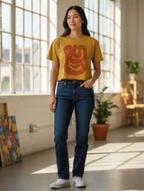 Yellow heavyweight cotton cropped tee with a red snake-floral graphic print.