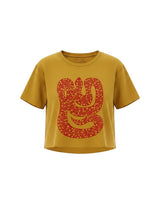Yellow heavyweight cotton boxy tee with a red floral snake-print graphic. Relaxed fit, hand-printed.