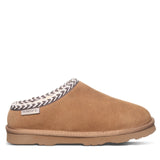 A tan suede slip-on mule slipper with a patterned trim and a small 'DEADLY DOG' brand tag on the heel, shown against a plain white background.