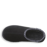 Black slipper with braided trim on a white background