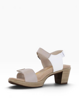 Strada Naot Intact dress sandal in beige and white leather with adjustable hook and loop straps and a block heel.