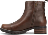 A brown leather ankle boot with a side zipper, low stacked block heel, and chunky lug sole, shown from a side profile view on a white background.