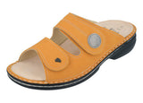 Yellow Finn Comfort Sansibar slide sandal for women, featuring comfortable straps and casual summer style.