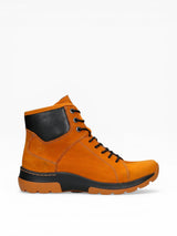 Orange boot with black accents on a white background