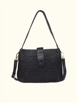 Black woven handbag with a strap on a white background