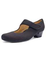 Dark gray shoe with a strap on a white background