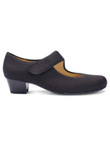 Black shoe with a strap on a white background