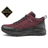 Maroon hiking shoe with black sole on a white background, featuring Gore-Tex logo.