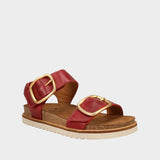 Red sandal with gold buckles on a white background