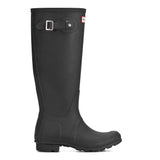 A single black rubber rain boot shown in a side profile view against a plain white background. It features a buckle strap detail near the top and a small red and white Hunter logo tab on the upper side.