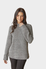 Strada Habitat Pineview pullover featuring a black and white textured cabin stripe pattern and a relaxed fit