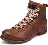 A brown leather lace-up ankle boot with thick braided beige and brown laces, shown on a white background.