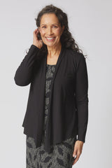 Black Habitat Waterfall Jacket, stylish apparel with a relaxed fit, featuring a waterfall front design and long sleeves.