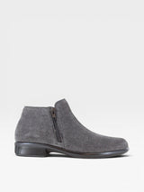A single gray textured ankle boot with a side zipper and a low black sole, shown in profile against a light gray background.