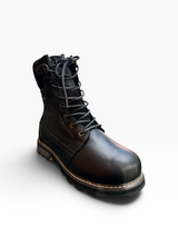A black leather lace-up work boot with dark gray laces, metal eyelets, and light tan contrast stitching on a clean white background.