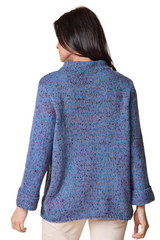 Strada Habitat confetti funnel neck pullover in blue with textured knit, mock neck, and cuff sleeve detail, back view