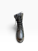 A black leather lace-up boot with a side zipper, photographed from a top-down angle on a clean white background.