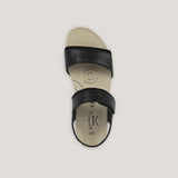 Black sandal with a white sole on a light gray background