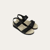 Black leather sandals with an ivory backdrop