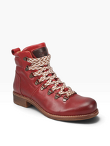 A red leather ankle boot with braided beige and brown laces, shown from a three-quarters angle on a white background.