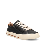 Black sneaker with white laces on a white background