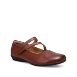 Brown leather shoe with a strap on a white background