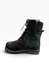 A black leather lace-up ankle boot with a side zipper, shown from a side profile view against a plain white background.