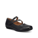 Black leather shoe with a strap on a white background