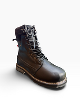A black leather lace-up work boot with gray laces, a pull tab, and contrast stitching, shown on a clean white background.